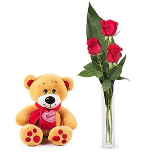 3 Red Roses & Teddy